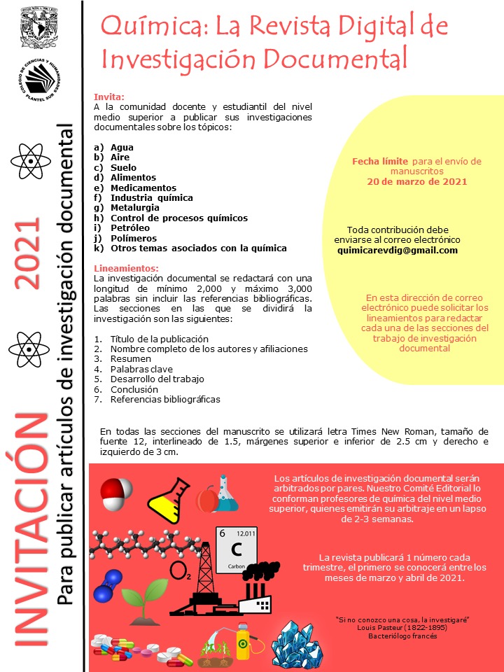 Química: La revista digital de investigación documental invita a #docentes y #cchros a publicar sus investigaciones documentales. Fecha límite: 20 de marzo de 2021.

<a href="/CCHAzcapoUNAM/">CCH Azcapotzalco</a> <a href="/pulsocchn/">CCH Naucalpan Oficial</a> <a href="/CCHVallejo_Ofi/">CCH Vallejo Oficial</a> <a href="/CCHOte_UNAM/">CCH Oriente Oficial</a> <a href="/cchsur_oficial/">CCH Sur Oficial</a>