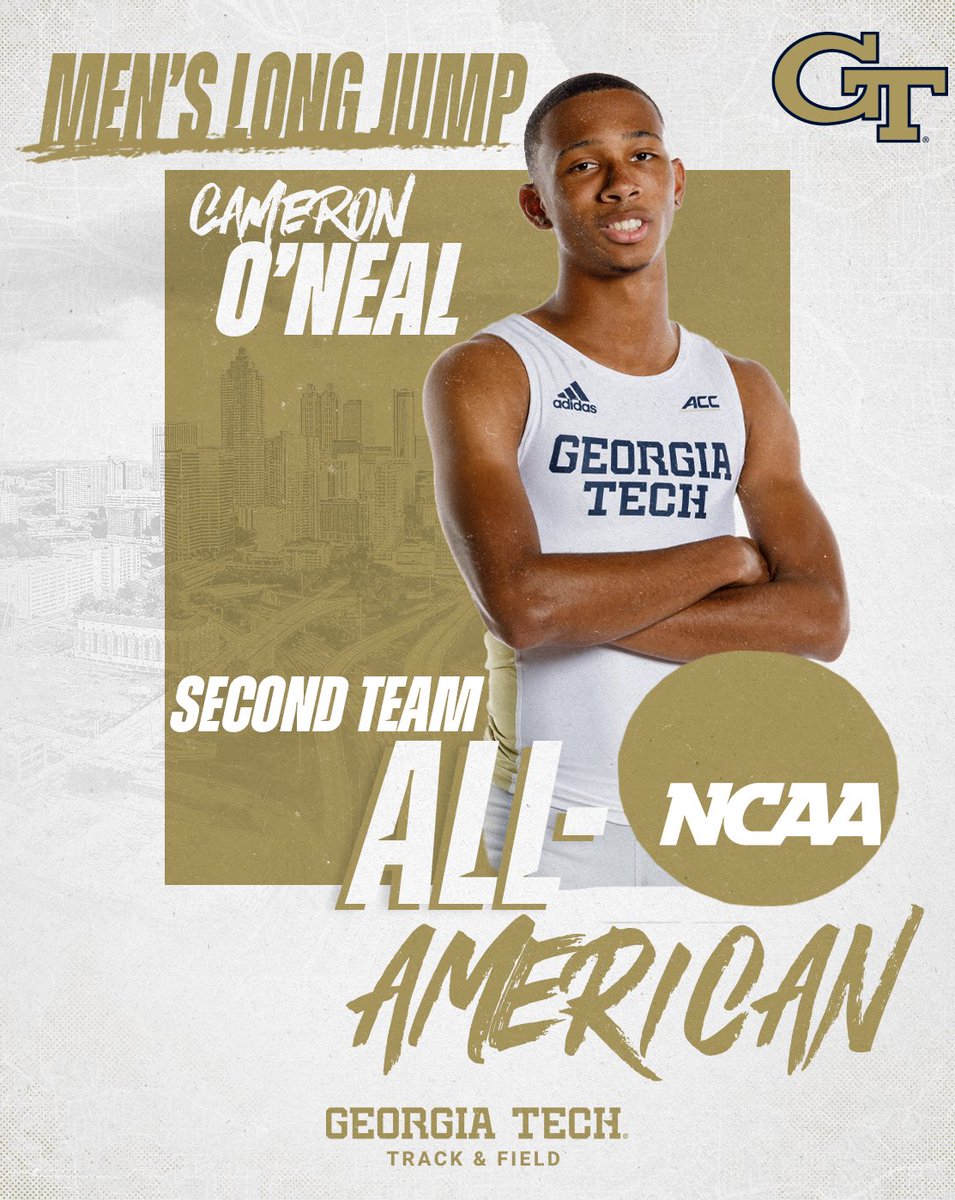 GT_trackNfield's tweet photo. 👏👏👏

True freshman Cameron O’Neal earns @NCAATrackField second team all-American honors in the men’s long jump to start-off national championship weekend for the Yellow Jackets!

#NCAATF
#ACCITF
#TogetherWeSwarm /// #GTTF https://t.co/cuY9f2B4Sx