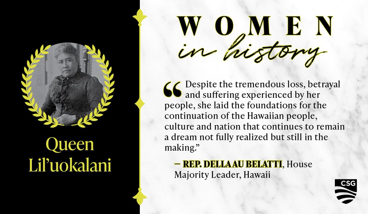 CSGovts's tweet photo. CSG asked women in state government to highlight someone special for #womenshistorymonth. This highlight comes from Rep. Della Au Bellati, #HILeg
#CSGCelebrates #QueenLiluokalani https://t.co/Pf8D1NKyFS