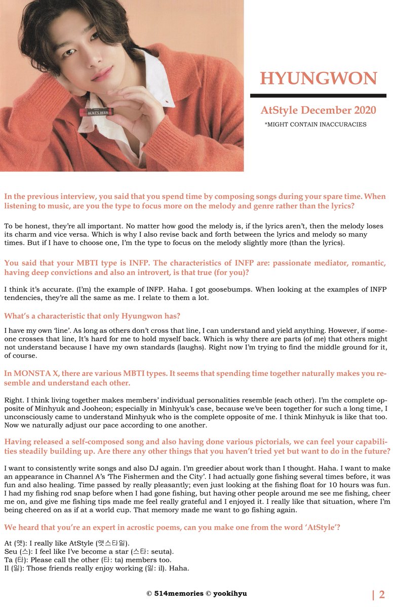 HYUNGWON x AtStyle INTERVIEW DECEMBER 2020 ISSUE edit by @514memories scan from ©ildopark0514 please do not take out without credit slight inaccuracies/typos may exist #514tra