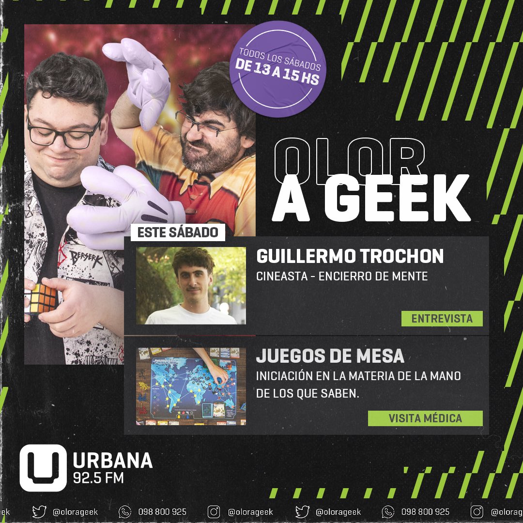 ESTE SÁBADO!!! NOTICIAS+JUEGOS DE MESA+GUILLERMO TROCHON+FUNKO DE HOY+MÚSICA y más... De 13 a 15 somos Olor A Geek. Por @urbana925 👃🤓📻 #olorageek #geek #nerd #GuillermoTrochon #boardgames #juegosdemesa #radio #uruguay