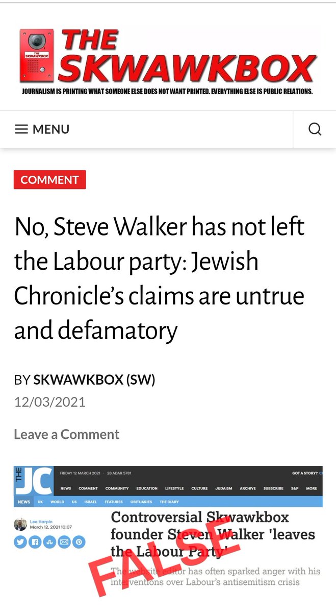 Steve_Cooke's tweet photo. Conspiracist blogger Steve Walker says the Jewish Chronicle report that he had left the Labour Party is untrue, that he remains a member and has received no official communications about any complaints. It's disappointing the party has still done nothing about Mr #Skwawkbox. https://t.co/cfP3sWsNqW