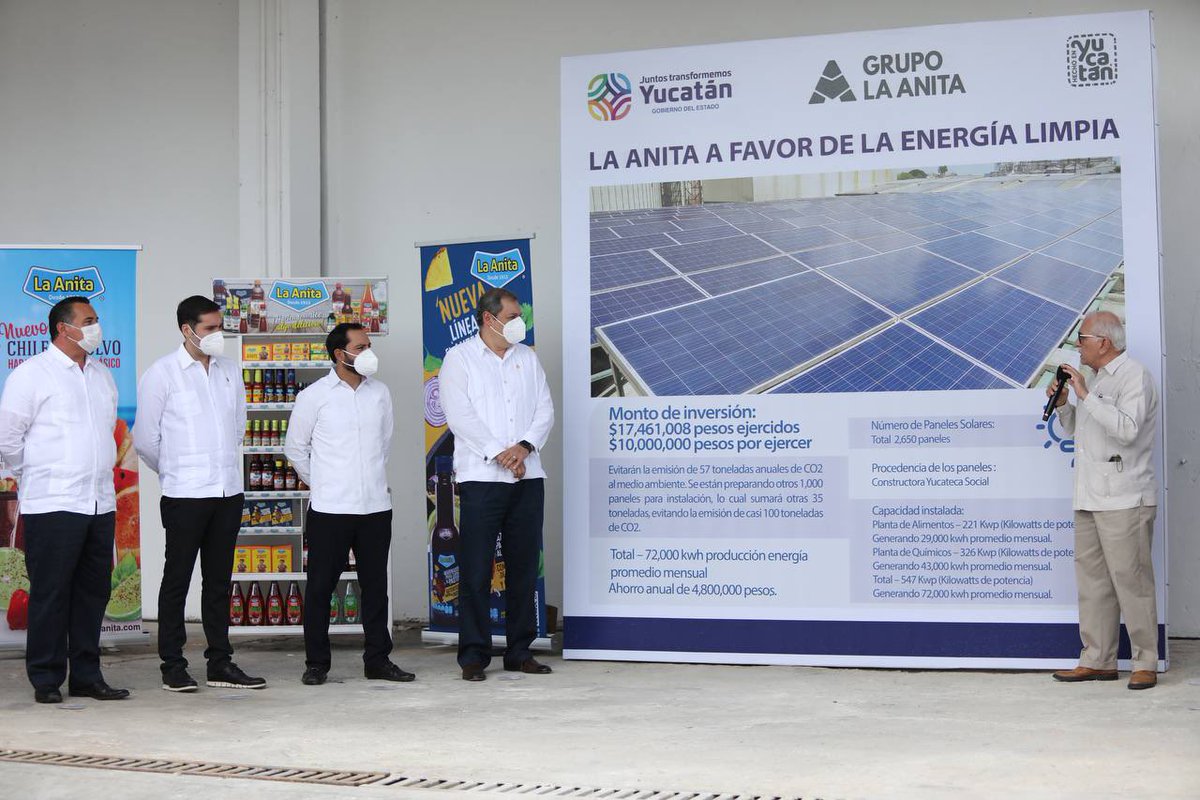 enoch_cfz's tweet photo. Cada vez más industrias usan las energías renovables como motor de sus empresas. Junto al Gobernador de Yucatán, @MauVila y el Presidente de @CANACINTRAYuc, @jorge_charruf; inauguramos la planta solar de Grupo La Anita, una compañía orgullosamente yucateca. https://t.co/wbVKCsqHZl