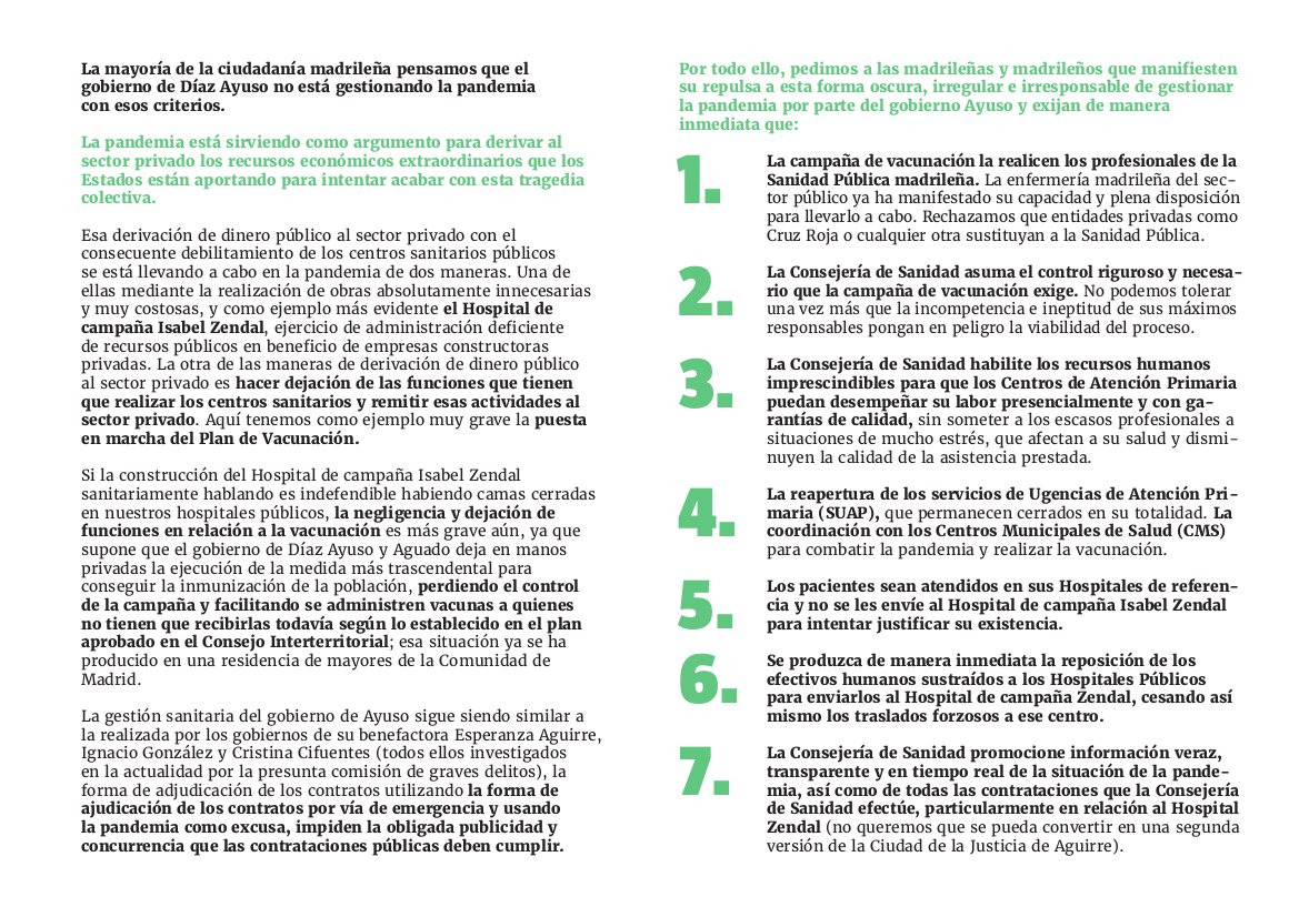 PlataformaCS_M's tweet image. Denunciamos la actual gestión del Ejecutivo de @IdiazAyuso, cuya «desastrosa» gestión ha deteriorado el sistema actual d salud derivando millones de dinero público a entidades privadas, con una errática campaña d vacunación, y sometiendo a sus profesionales a un estrés permanente