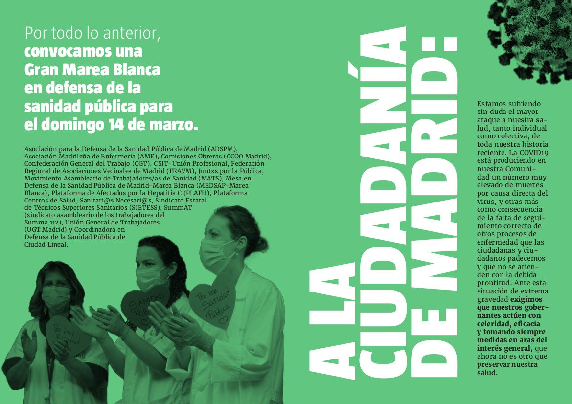 PlataformaCS_M's tweet image. Denunciamos la actual gestión del Ejecutivo de @IdiazAyuso, cuya «desastrosa» gestión ha deteriorado el sistema actual d salud derivando millones de dinero público a entidades privadas, con una errática campaña d vacunación, y sometiendo a sus profesionales a un estrés permanente