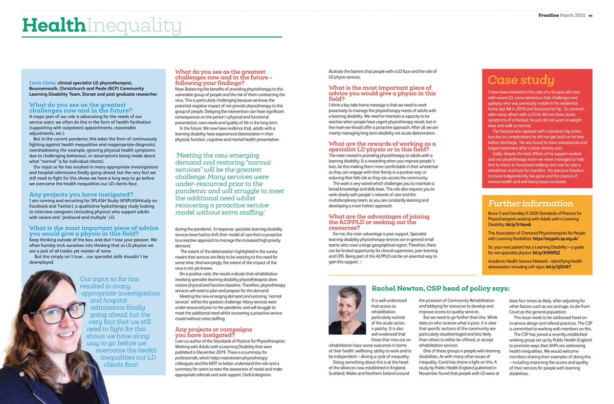 So pleased to contribute to @thecsp article by @nordicqueen2 on health inequalities faced by people with learning disabilities incl. Covid-19/social restrictions issues #LDPhysio @Arrie_2013 @Dave_Standley @walesbethan @ACPPLD @rehabresearchuk @BSRehabMed  @WiltsHC_NHS