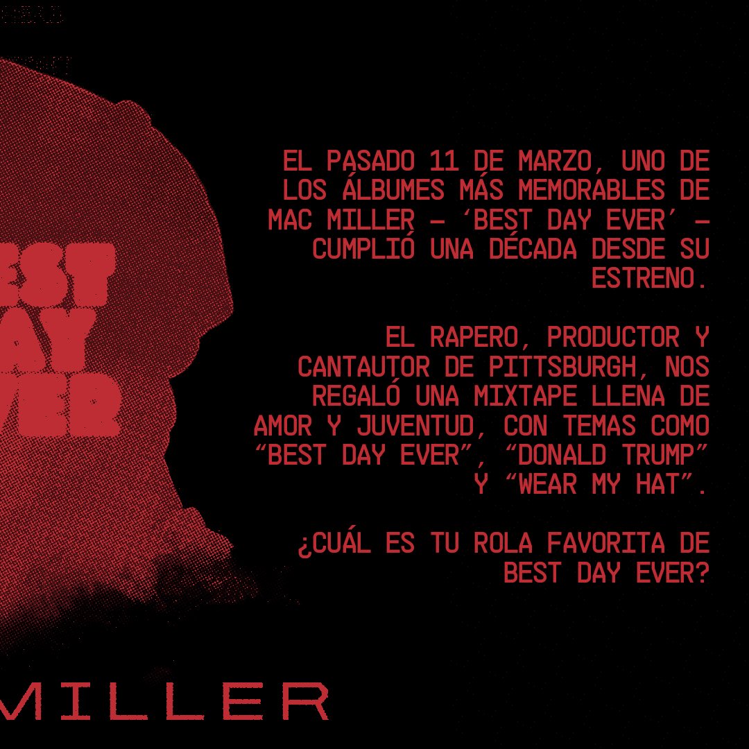 10 AÑOS DE BEST DAY EVER 

El pasado 11 de marzo, uno de los álbumes más memorables de Mac Miller – ‘Best Day Ever’ – cumplió una década desde su estreno. 

¿Cuál es tu rola favorita de Best Day Ever?
