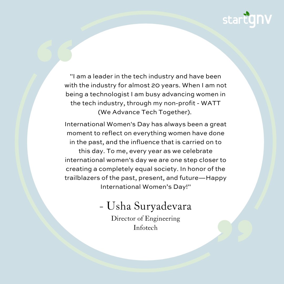 startGNV (@startgnv) on Twitter photo Next up in our Faces of GNV Women in Tech and Startups campaign is Usha Suryadevara, <a href="/infotechinc/">Infotech</a> Director of Engineering and Founder & President of <a href="/watt_zone/">WATT - We Advance Tech Together</a>!
Usha will be joining us for our event on women's equality in tech this coming Tuesday, 3/16. Link to register below! Next up in our Faces of GNV Women in Tech and Startups campaign is Usha Suryadevara, <a href="/infotechinc/">Infotech</a> Director of Engineering and Founder & President of <a href="/watt_zone/">WATT - We Advance Tech Together</a>!
Usha will be joining us for our event on women's equality in tech this coming Tuesday, 3/16. Link to register below!
