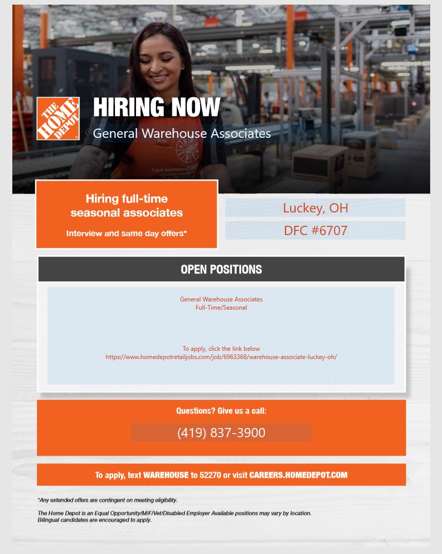 Savena Jagodzinski (@savena_75) on Twitter photo Now Hiring Seasonal/FT General Warehouse Associates!!
Apply online at careers.homedepot.com. Questions? Email us at 6707_Hiring@homedepot.com Now Hiring Seasonal/FT General Warehouse Associates!!
Apply online at careers.homedepot.com. Questions? Email us at 6707_Hiring@homedepot.com