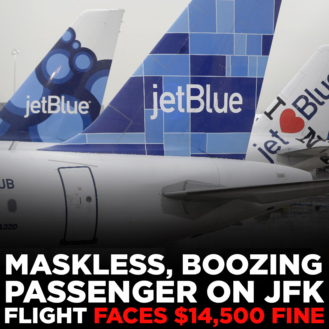ABC7NY's tweet photo. An airline passenger could wind up paying $14,500 for refusing to wear a face mask and drinking alcohol that he had brought on board. https://t.co/babJOiI6eh #jetblue #jetblueflight #fine #facemask #fine #abc7ny #news https://t.co/XNcXuaM4CO