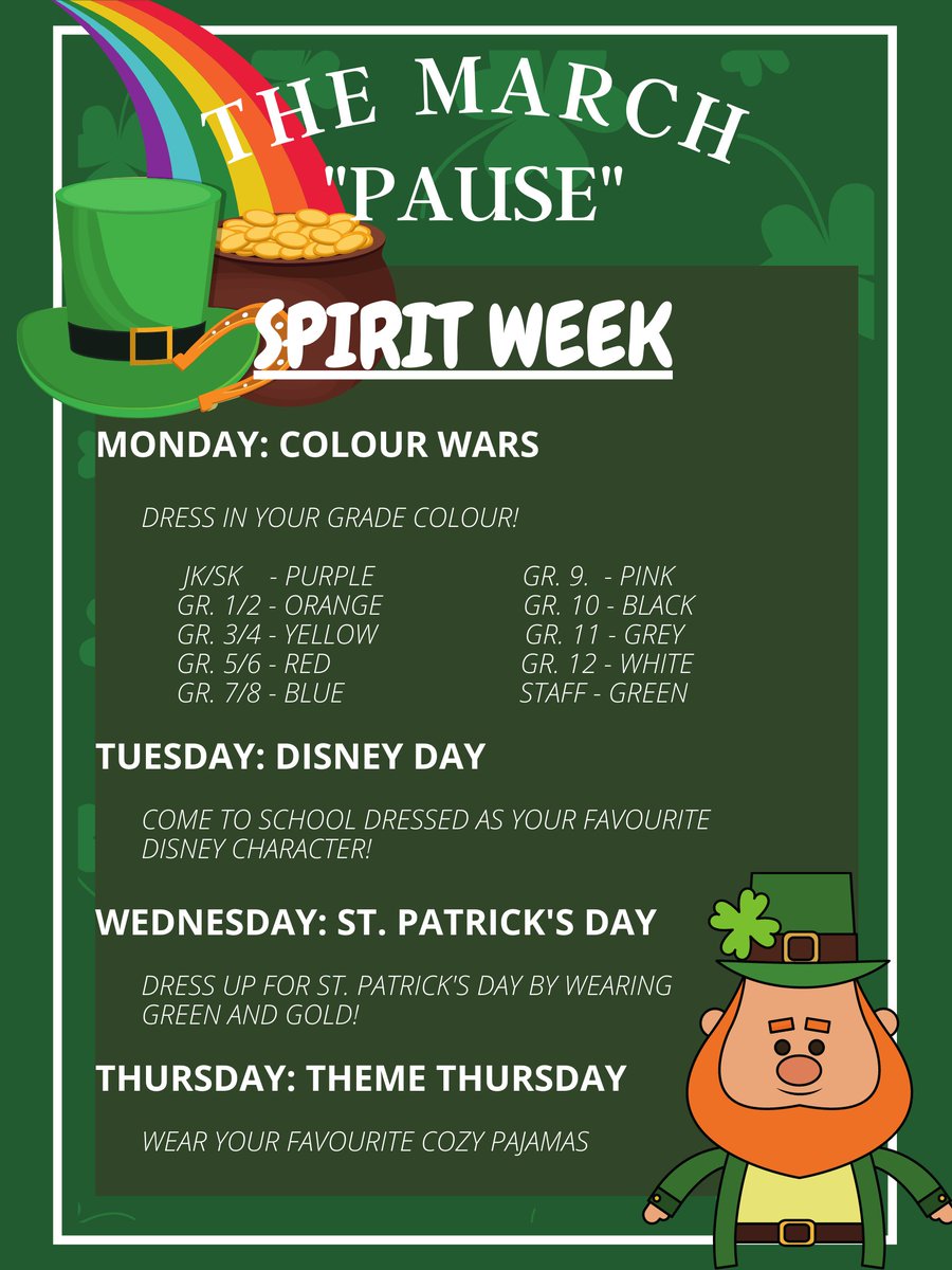 CEandSSchool's tweet image. March Break may have been postponed, but Student Senate is &quot;Pause&quot;-itive that you will have a great week @CEandSSchool!  Check out the theme days we have planned!  On Monday, be sure to wear your &quot;grade&quot; or &quot;staff&quot; colours! #ADSBLearns #takecareadsb
