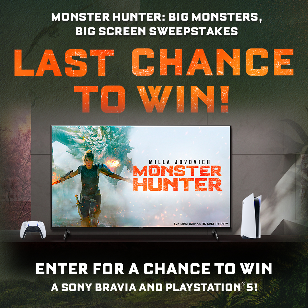 💥 LAST CHANCE 💥 -- Enter now for a chance to win a Sony BRAVIA and PlayStation 5! 🔥📺🎮 #MonsterHunterMovie is now on 4K Ultra HD, Blu-ray, DVD and Digital! 🏹 bit.ly/monsterhunters…