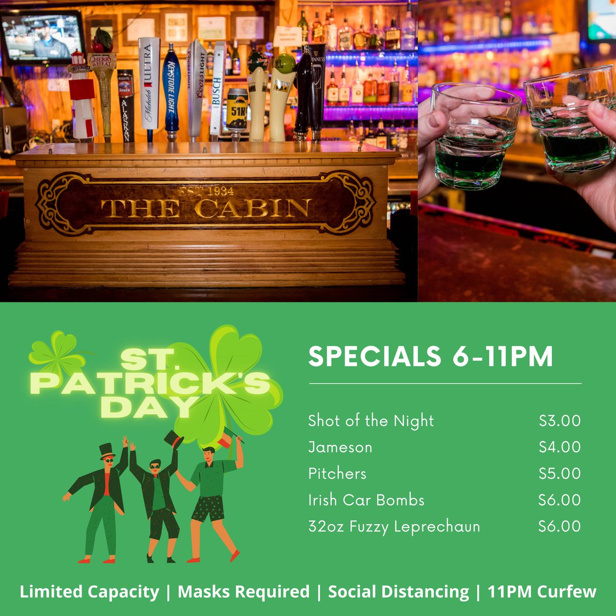 Must have been fate that St. Patrick's Day falls on a Cabin Wednesday! 🍀🍻