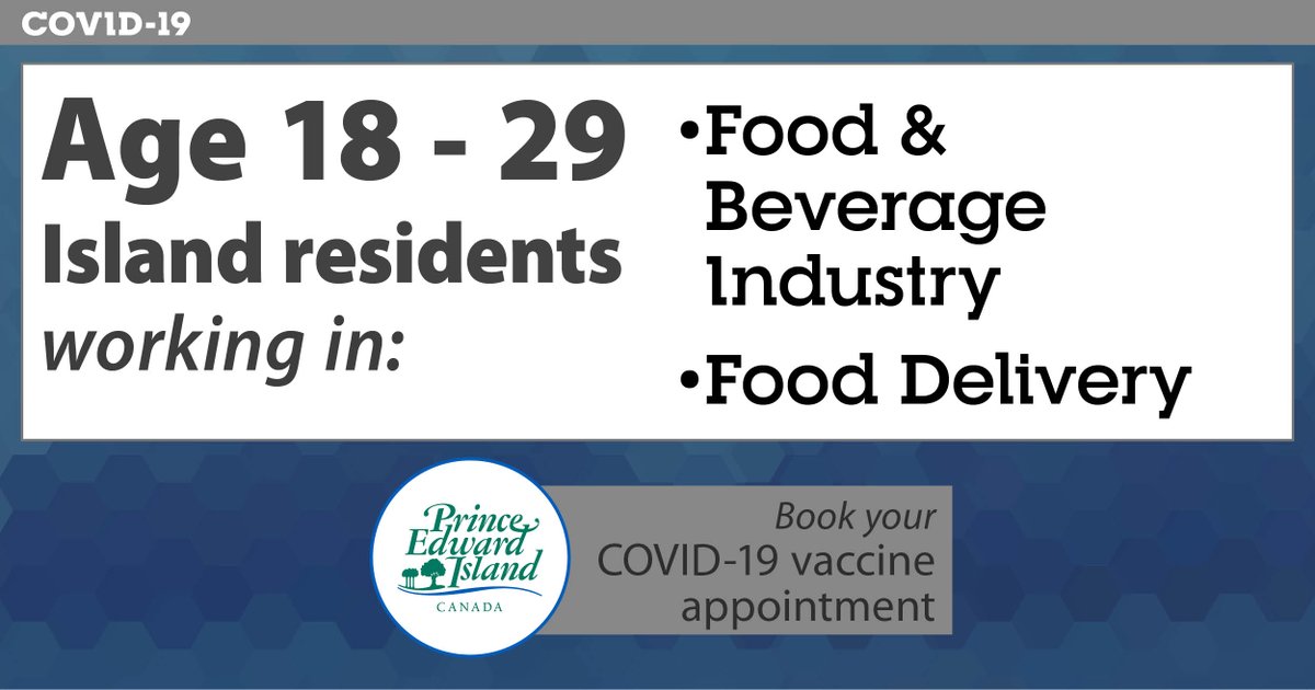 If you are 18-29 y/o and work in food service or food service delivery - book your #PEICOVID19 vaccine directly through the pharmacy nearest you. Get the list here 👉 princeedwardisland.ca/pharmacyforvac… <a href="/InfoPEI/">Government of PEI</a> @PEIwellness