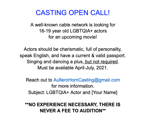 STOConnor's tweet photo. #CastingCall Looking for #LGBT #LGBTQIA #Actors Please RT! https://t.co/nT0dB0Hj10