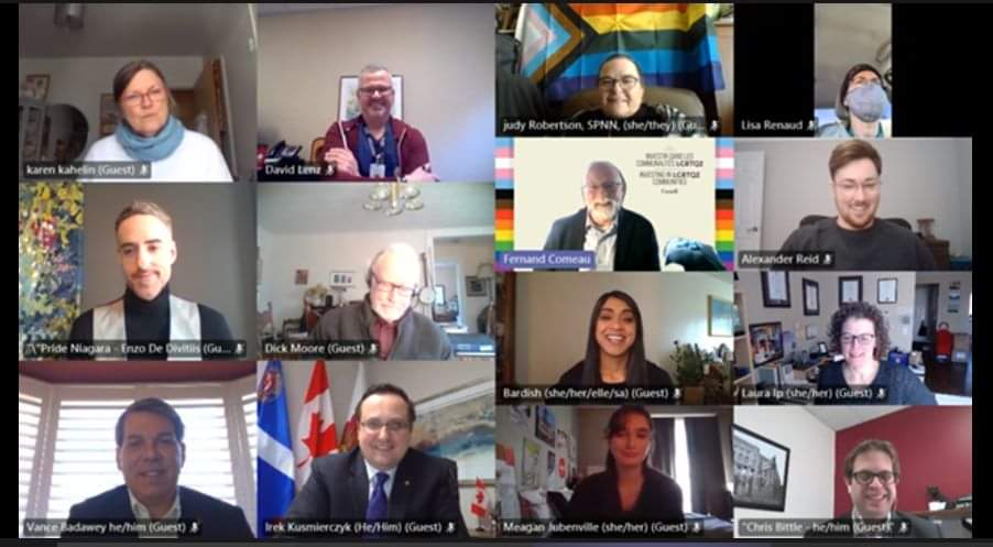 PrideNiagara's tweet photo. Pride Niagara with LGBTQ2+ communities alongside the Hon. 
@BardishKW  Minister of Diversity and Inclusion and Youth MP 
@Irek_K  and MP @Chris_Bittle MP @VBadawey 🌈 Celebrating  LGBTQ+ heritage &amp; building traditions TOGETHER  🌈 https://t.co/pzKhnFtX4m