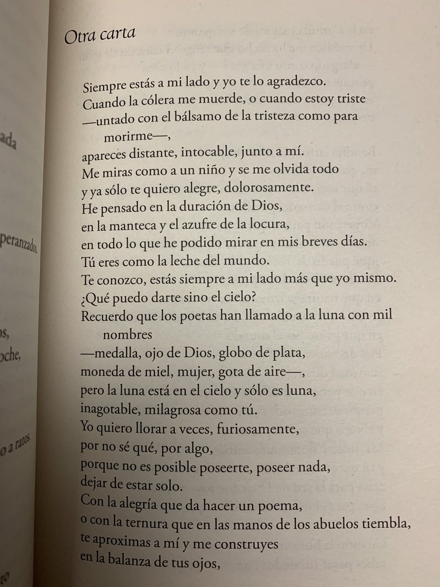JPEstradaM's tweet photo. «Siempre estás a mi lado y yo te lo agradezco.
Cuando la cólera me muerde, o cuando estoy triste
—untado con el bálsamo de la tristeza como para morirme—,
apareces distante, intocable, junto a mí.
Me miras como a un niño y se me olvida todo»
Otra carta
Sabines
@_JaimeSabines https://t.co/7Uv92Ochk4