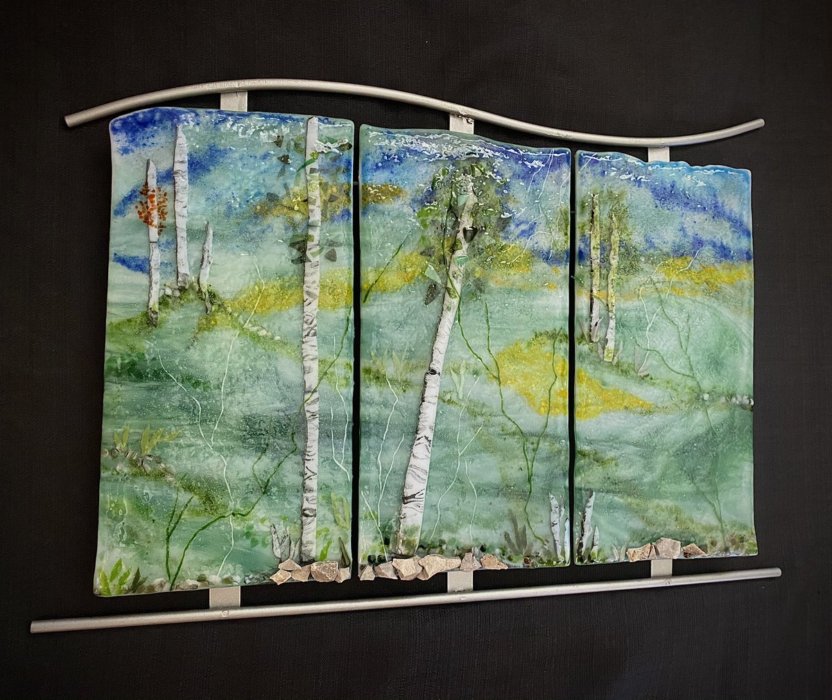 My latest creation, three piece Fused Glass Panel with real Rock Chips.