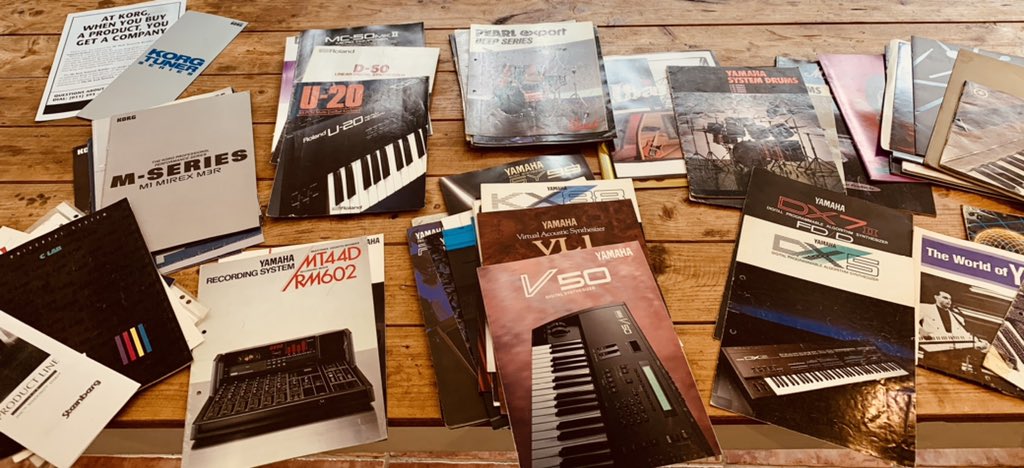 Reeman69's tweet image. Found these while tidying my Mom’s house recently. As a young Pre-internet musician, like many, it was one of my favourite things to hangout in music shops &amp;amp; collect brochures of the latest gear! We’d go home &amp;amp; study every feature, picture &amp;amp; somehow will the gear to become ours!