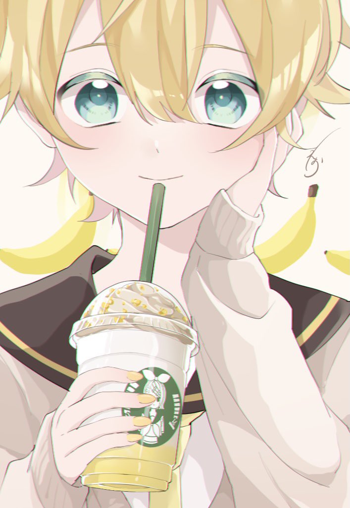 kagamine len blonde hair 1boy male focus holding sailor collar cup fruit  illustration images