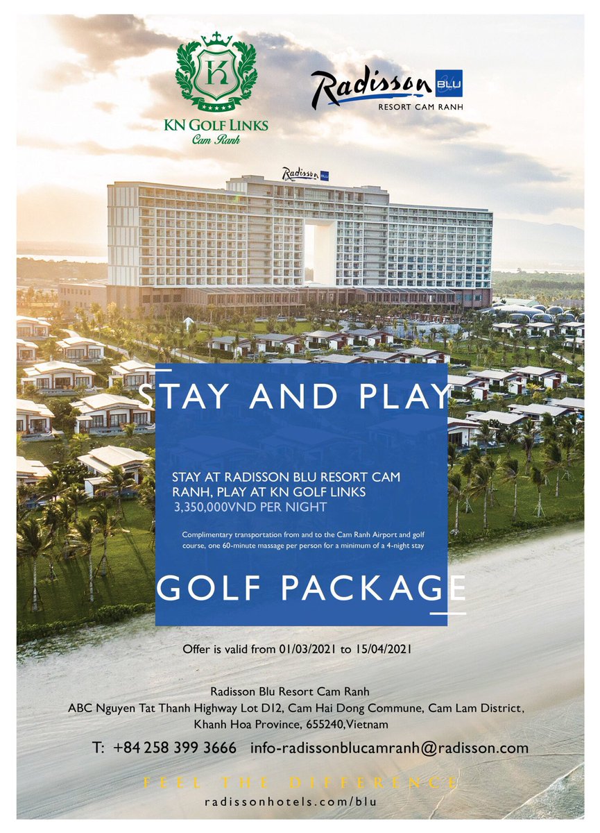 KN Golf Links has partnered with Radisson Blu Resort Cam Ranh to offer comprehensives Stay &amp; Play packages, valid until April 15th, 2021. How to Book or for more information, reservations.rcrb@radisson.com or call 0258 3993 666.