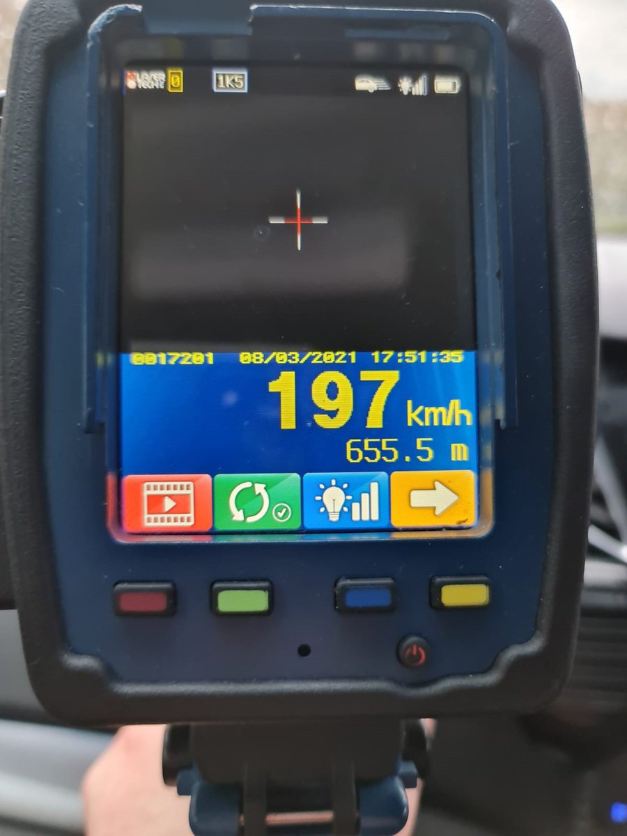 GardaTraffic's tweet image. While operating a speed checkpoint on the M4 this week, Naas Roads Policing Unit detected a Learner Driver speeding at 197kph in a 120kph zone during peak traffic volumes. Driver was arrested and charged with dangerous driving, to appear before court soon #SlowDown