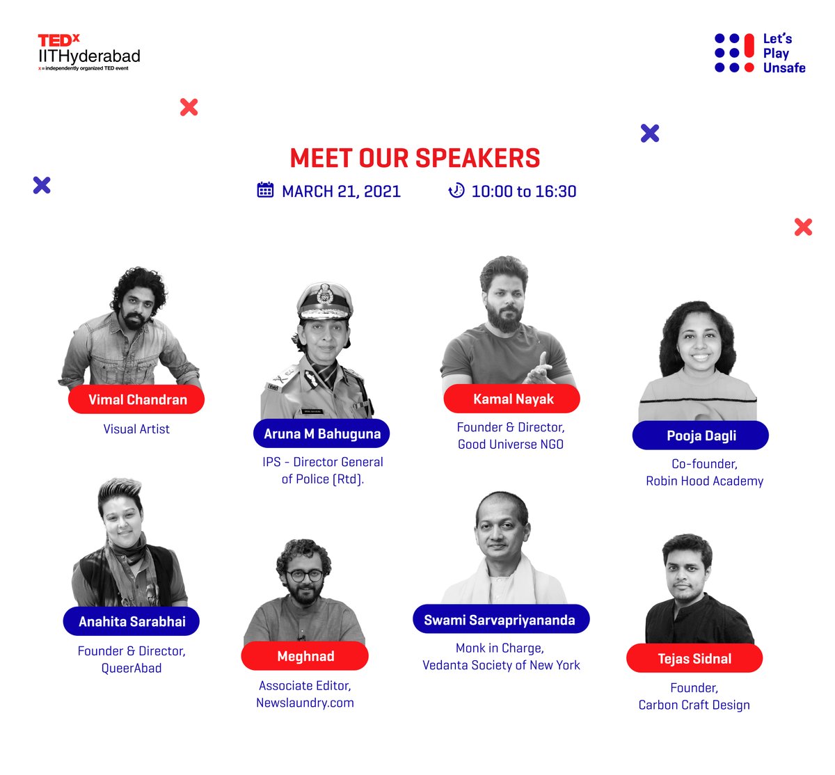 TEDxIITHyderabad is a stand-alone TED event co-ordinated by a team of deeply motivated students

Get ready to experience the diverse notions of Playing (Un)Safe on 21st March 2021, here at TEDx IIT Hyderabad.

Register Now: dare2compete.com/o/tedxiithyder…