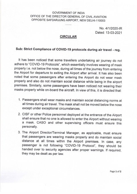 Directorate General of Civil Aviation (DGCA) issued circular regarding strict compliance of COVID-19 protocols during air travel in India.
