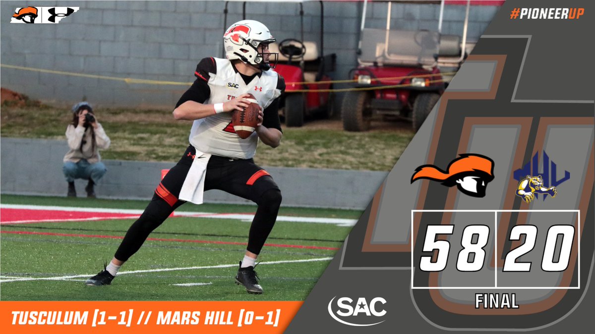 PIONEERS WIN! @TusculumFB racks up 541 total yards of offense, while QB Rogan Wells tosses 4 touchdown passes in TU's 58-20 victory against Mars Hill! The Pioneer defense limits the Lions to 3 third-down conversions on the night! #WeArePioneers #PioneerUP