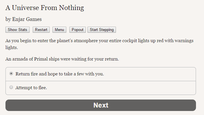 EnjarGames's tweet image. Have a fantastic #screenshotsaturday.

I’m working on something a little different. A side project I started last week to make a narrative game using #ChoiceScript. 

#indiegame #gamedev #scifi