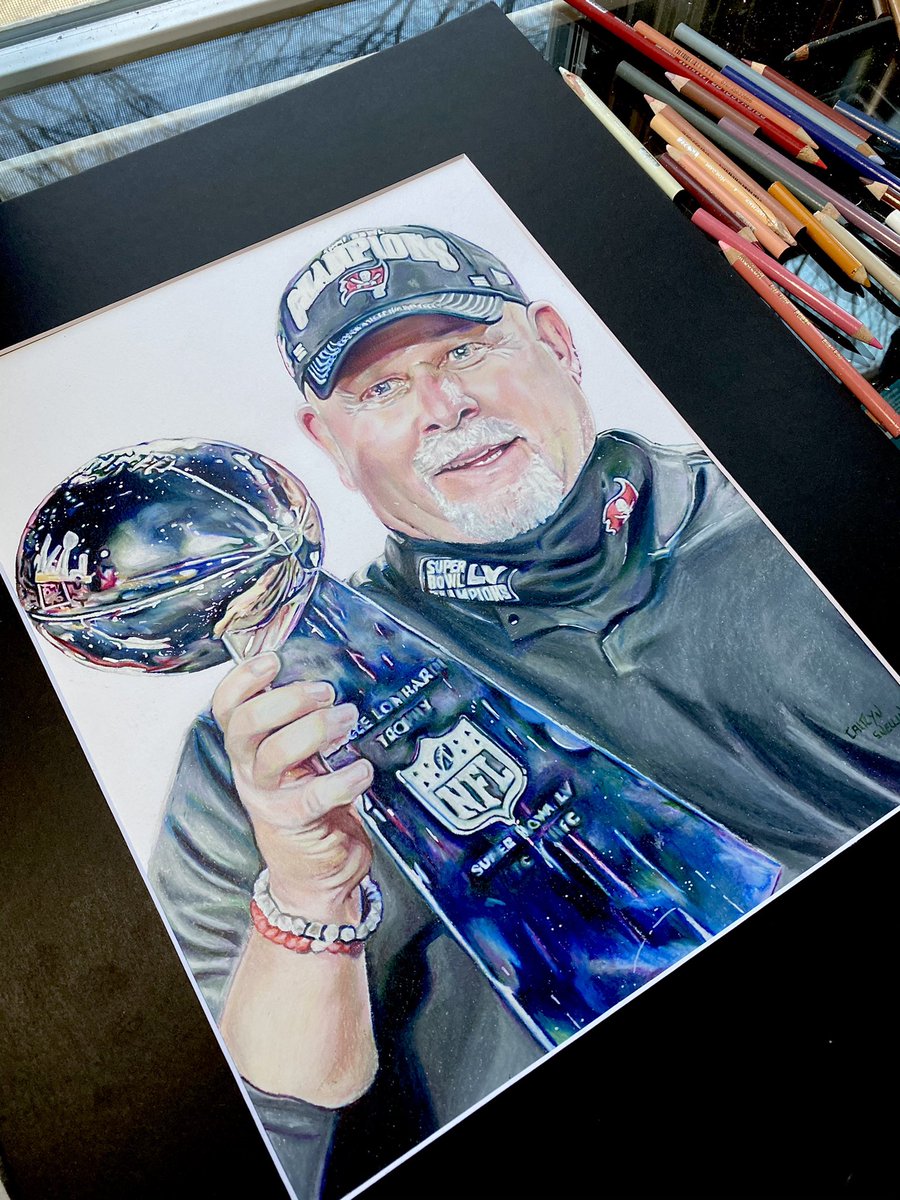 My drawing for @BruceArians has been delivered (🤞 he loves it) so now I can share it here. I spent 80 hours on this piece trying to get it just right (that trophy 😍) I hope you can all appreciate it #SuperBowlLV #Buccaneers #TampaBay #lombardi #NFL