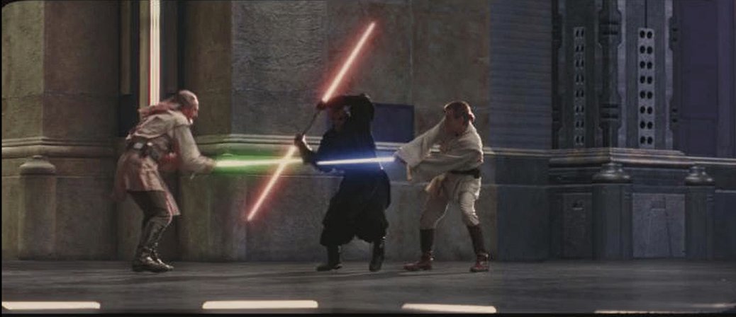 michael_j_conte's tweet photo. @calebgamman Some lightsaber history:

On Phantom Menace I worked on the final battle with Darth Maul.  The actors held sticks.  I asked George Lucas if I should add light from the sabers onto the actors.

He said no, sabers don't cast light.

So I was a bit surprised when... (1/) https://t.co/rgUXNOORI0
