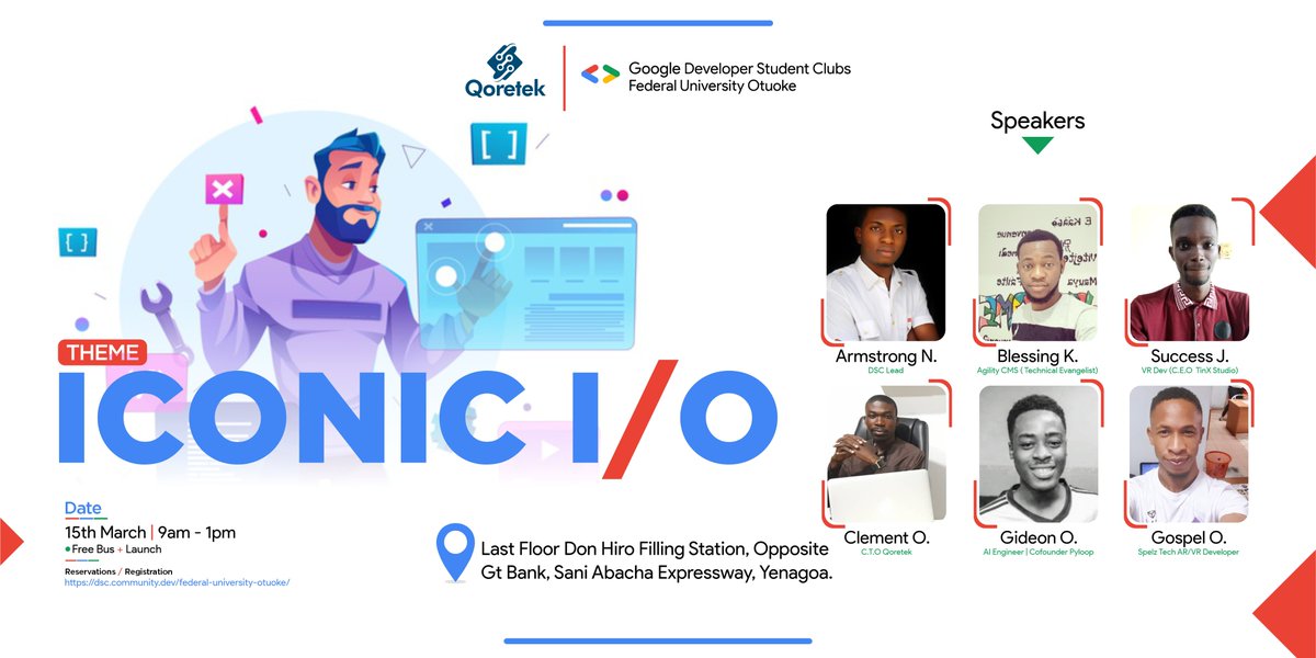 gdsc_fuo's tweet photo. Join us on the 15th to attend this event in Qoretek BAYELSA. We got great speakers/workshop leads - 
@Spellz49 @GideONyewuenyi @TinxStudio @Beveloper @UcheAzubuko @Viosamtech @AI_Lift
featuring - Web, Flutter, Robotics, XR, AI, etc
learn more: https://t.co/wS41LtzYRT https://t.co/X3Q6Pmvl5H