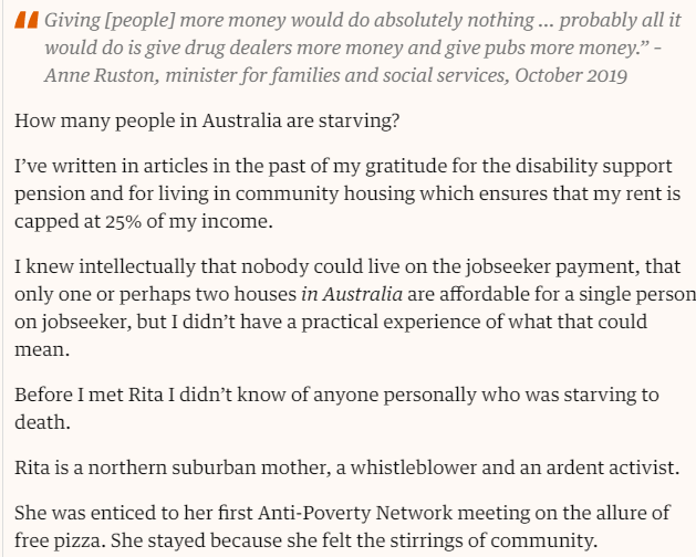 melaniedoak's tweet image. Giving people more money would do absolutely nothing … probably all it would do is give drug dealers more money and give pubs more money.” –  #AnneRuston minister for families and social services October 2019

How many people in Australia are starving? 

theguardian.com/commentisfree/…