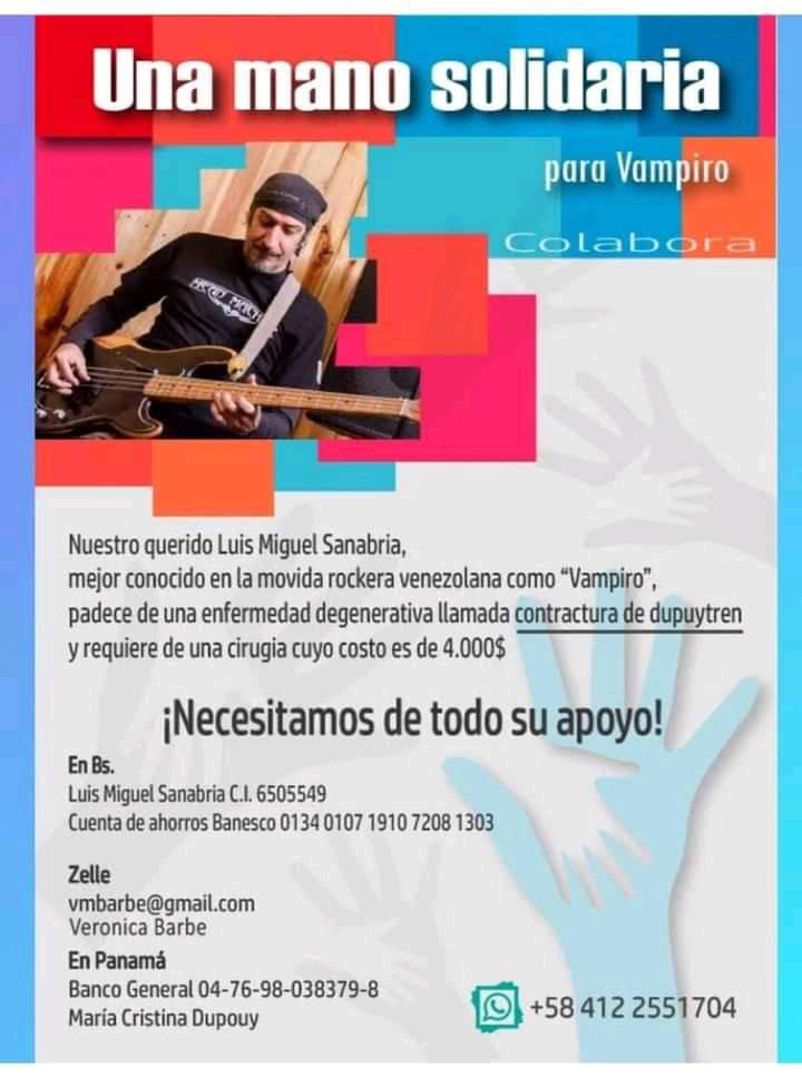 ortegabrothers's tweet photo. Apoyemos a Luis Miguel Sanabria "Vampiro"
#Rock #RockVenezuela #Bajistas #VenezuelanMusicians #BassPlayers
Luis Miguel Sanabria
C.I. 6505549
Cuenta ahorros Banesco 0134 0107 1910 7208 1303 @horaverde929 https://t.co/nE78TOOhwr
