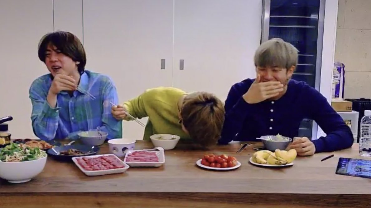 mollajoon's tweet photo. jimin almost fell, seokjin holding his spoon that way, namjoon stuffing his mouth, bickering THIS IS CHAOS. https://t.co/SOoGmApmeR