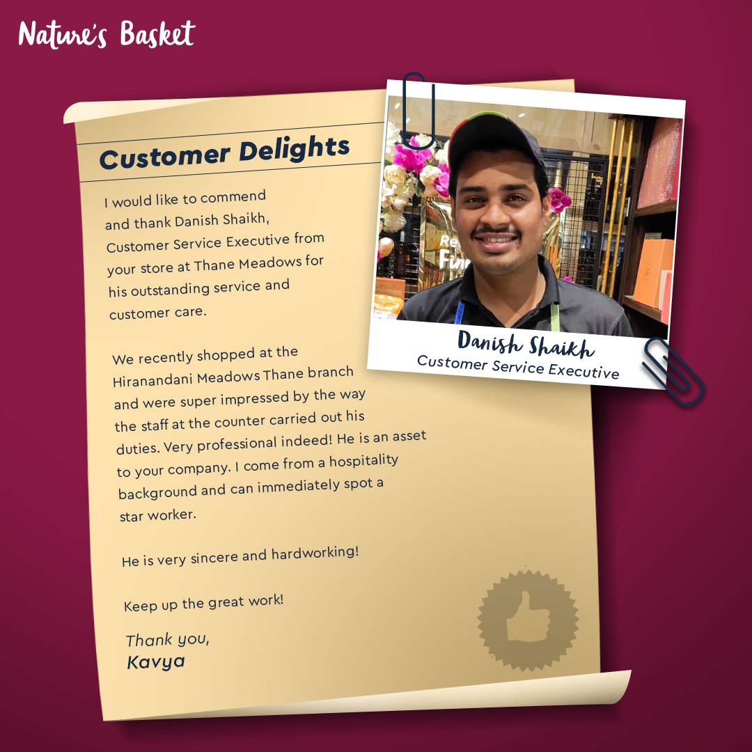 NaturesBasket's tweet photo. Check out what our customer had to say about Danish Sheikh, the Customer Service Executive from Hiranandani Thane Meadows store.
Keep sharing such great experiences at our store using the hashtag #CustomerDelights to show your appreciation. #AlwaysServingSafely https://t.co/BsNijCtU8q