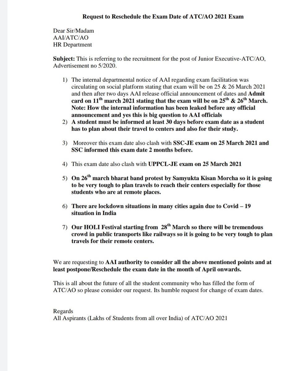 ShuklaKaka's tweet photo. #reschedule_AAI_Examdate
1. Official notification leaked before official announcement of AAI
2. manage traveling in HOLI is very tough for students
3. Lockdown in many areas due to covid
4. Bharat Band on #26th
@AAI_Official
@DGCAIndia
@MoCA_GoI
@HardeepSPuri https://t.co/pgK5WvbDNG