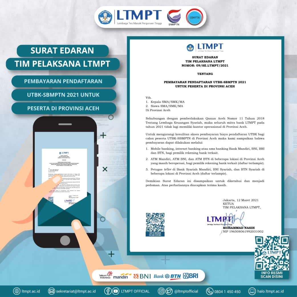 Sehubungan dengan pemberlakukan Qanun Aceh No. 11 Tahun 2018 Tentang Lembaga Keuangan Syariah maka Tim Pelaksana LTMPT membantu untuk mengurangi kesulitan akses pembayaran biaya pendaftaran UTBK- SBMPTN sebagaimana yang tertera.

Tetap semangat, Calon Mahasiswa Indonesia!