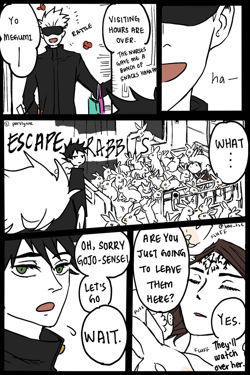 bao_tse's tweet photo. Megumi visits the hospital
I thought this would be 1004953 times funnier in my head. But it's already drawn so. So take it! Please.
#JujutsuKaisen #fancomic #fushiguromegumi #fushigurotsumiki #gojosatoru #precanon #escaperabbit before Itadori and Nobara showed up to jj tech https://t.co/RM2UNzYACN