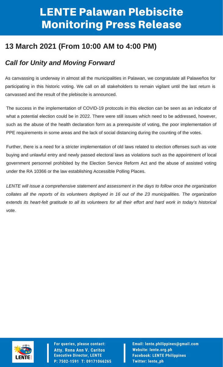 13 March 2021 (From 10:00 AM to 4:00 PM)

LENTE Palawan Plebiscite Monitoring Press Release

#SATINangPlebisito #PalawanPlebiscite #VoteYesorNo
