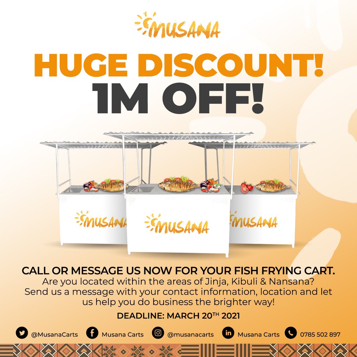 Are you located in Jinja, Nansana or Kibuli and are an aspiring food vendor or have plans of starting your own food vending business? Then today is your lucky day! Musana is giving away 3 fish frying carts to 3 lucky individuals at a UGX 1M discount!