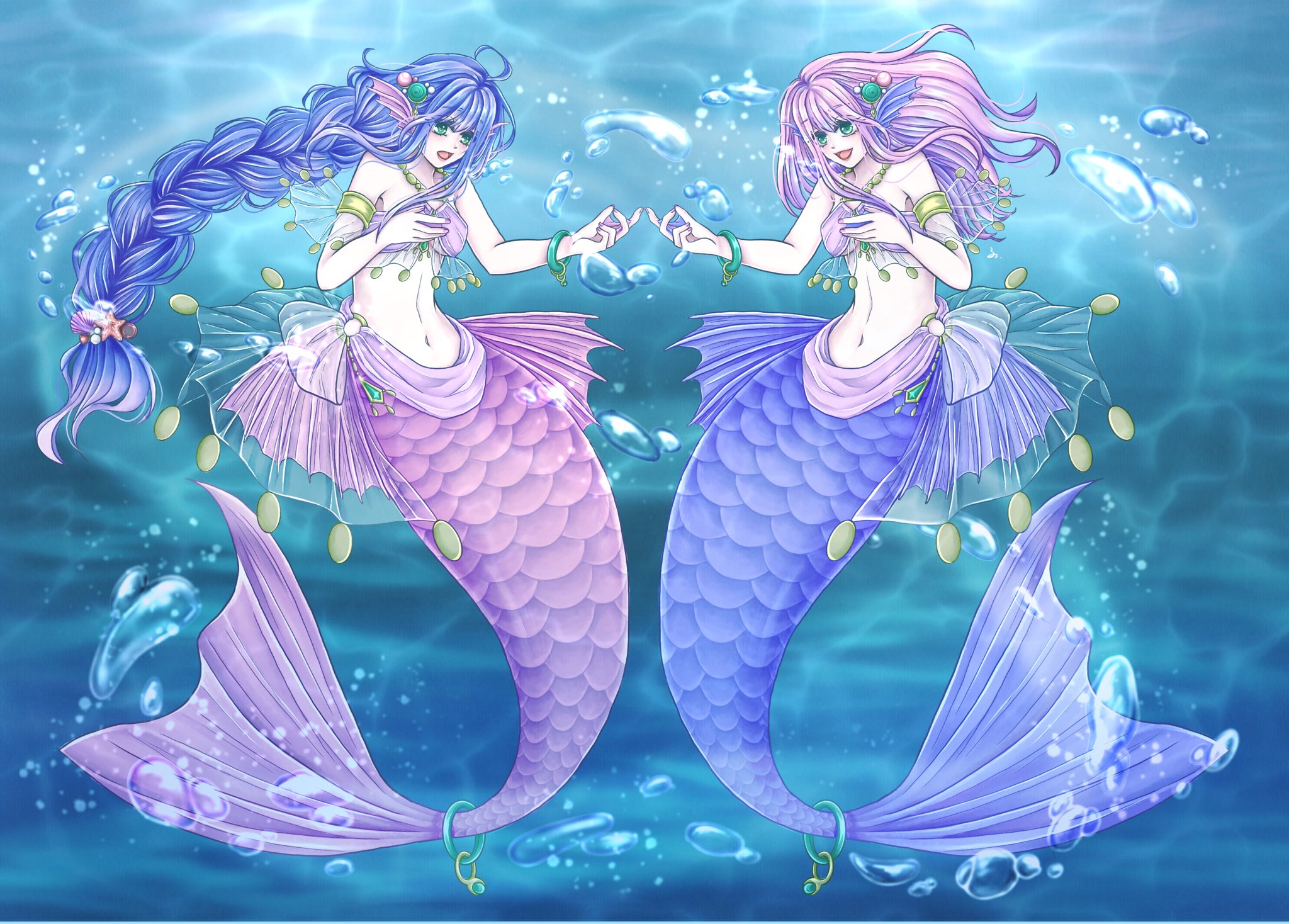 るの 双子の人魚姫 完成しました 鱗と髪などが上手く描けてお気に入りです 艸 大好きな人魚をガッツリ描けて楽しかった イラスト T Co Bswwxeeu4h Twitter