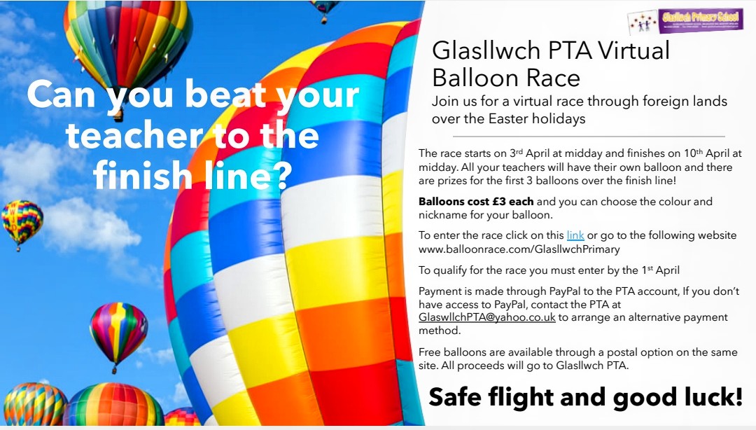 GlasllwchPTA's tweet photo. Can you beat the teachers in @GlasllwchP to the finish line? #virtualballoonrace #ecofriendly #ecoschool #Glasllwch Enter now to win! 💜💛🎈✨ 

https://t.co/LKgoXyhovM https://t.co/dqSp1KViSN