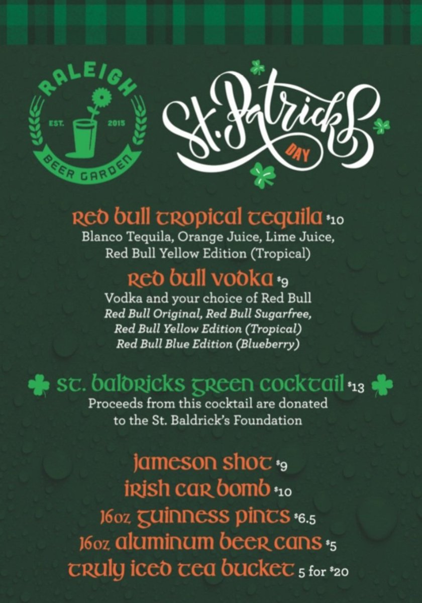 Time to celebrate! Join us for a pint of <a href="/GuinnessUS/">Guinness US</a> or a glass of <a href="/jamesonwhiskey/">Jameson Whiskey</a> as its our annual #StPatricksDay celebration today! ☘🍾💚🍺🙌🥳 <a href="/redbull/">Red Bull</a> features all day too to keep you going! 

Open 10am-11pm ☘💚
