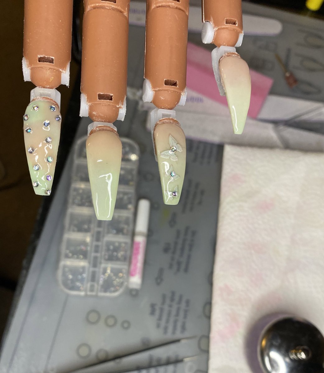 Late night practice session! 🥰 #beginnernailtech #blacknailtech #acrylicnails #butterflynails #rhinestonenails #ombrenails #tiedyenails #detroitnailtech #detroitnails