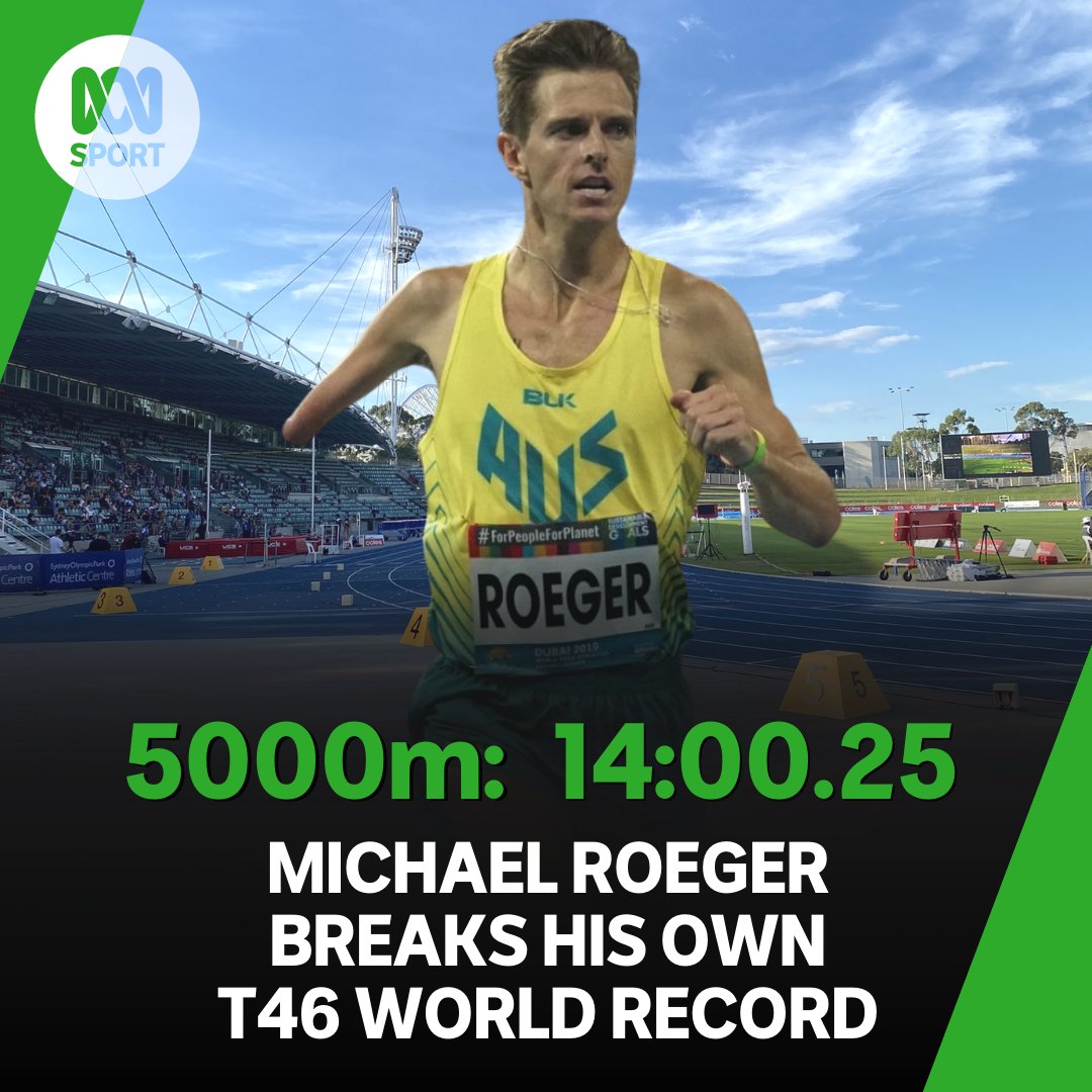 abcsport's tweet photo. Take a bow @michaelroeger! 🌏☝️

😮🥇 He's just smashed his own T46 5000m World Record by more than six seconds at the Sydney Track Classic! 

He beat his previous record time in 14:00.25. 💪🇦🇺

📸 @AthsAust #ThisIsAthletics #AthsTogether #ContinentalTourBronze https://t.co/rgABJAWv1L