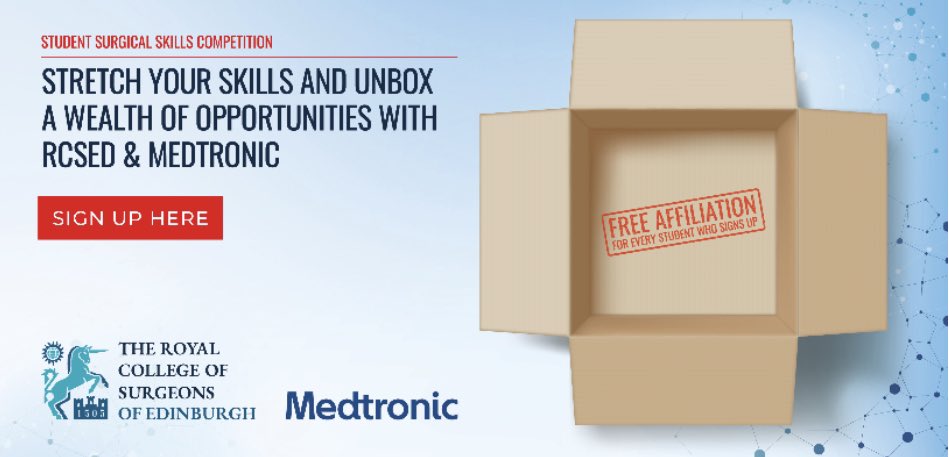 cynthiamich's tweet photo. @RCSEd and Medtronic are inviting all UK medical students to join the 2021 Virtual #Surgical #Skills Competition. All competition registrants will receive complimentary Affiliation with the RCSEd. Registration must be completed by Sunday 21 March. Register https://t.co/jBDE0tNGw4 https://t.co/F89GUxPHfc