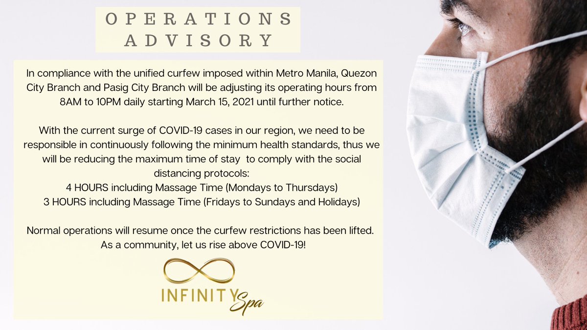 infinity_spa_ph's tweet image. Dearest #ManCavers, following the unified curfew and continuous surge of new COVID-19 infections, let&apos;s be responsible in adhering to our minimum public health standards. Thus, we are announcing the following changes in our operations. Stay safe!💛♾

#InfinitySpa