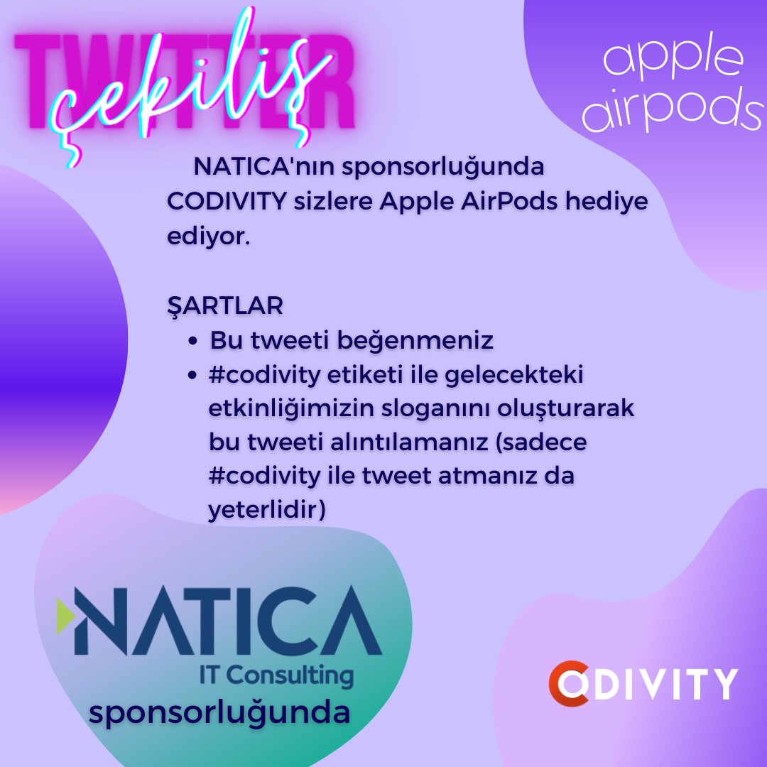 ÇEKİLİŞ VAAR!

Yepyeni bir çekilişle karşısınızdayız. 1 kişiye Apple AirPods hediye!💥🤩

#codivity
•Şartlar görselde belirtildiği gibi olup slogansız twitleriniz de katılım sağlayacaktır. Daha çok şans için sloganlarını unutmayın😍
#codivity